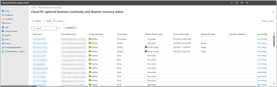 Screenshot of optional business continuity and disaster recovery status report in the Microsoft Intune management panel.