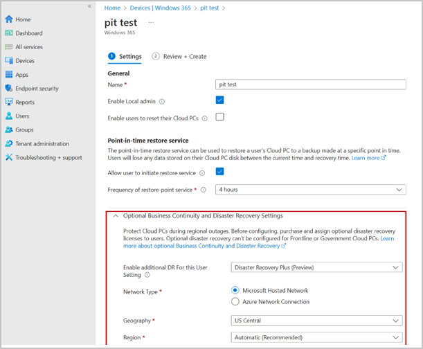 Screenshot of Business Continuity and Disaster Recovery settings in the Microsoft Intune management panel.