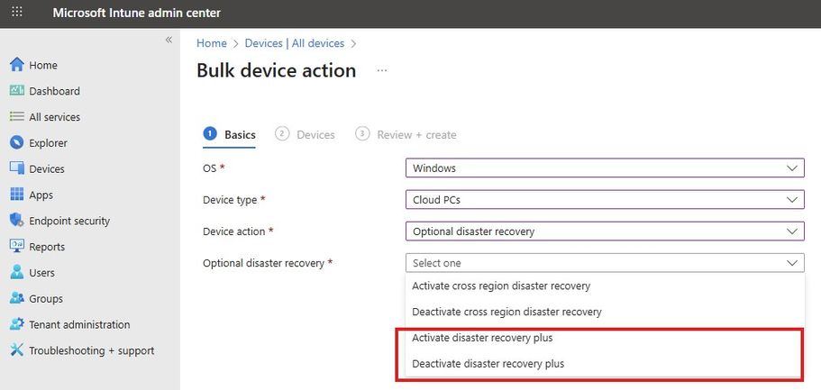 Screenshot of bulk device action in the Microsoft Intune management panel.