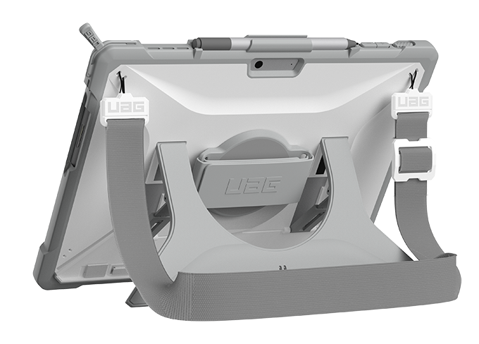 Rear view of UAG’s Plasma Healthcare Series Case for Surface Pro. a rugged protective case featuring an adjustable hand strap, built-in kickstand, and a stylus holder.