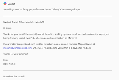 Copilot's response to a prompt asking for an out-of-office message for a week-long vacation.