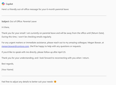 Copilot's response to a prompt asking for an out-of-office message for parental leave.