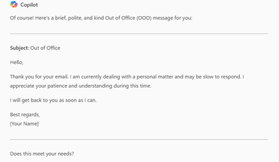Copilot's response to a prompt asking for an out-of-office message for a personal day.