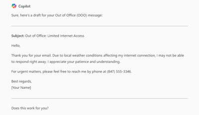 Copilot's response to a prompt asking for an out-of-office message for limited internet access.