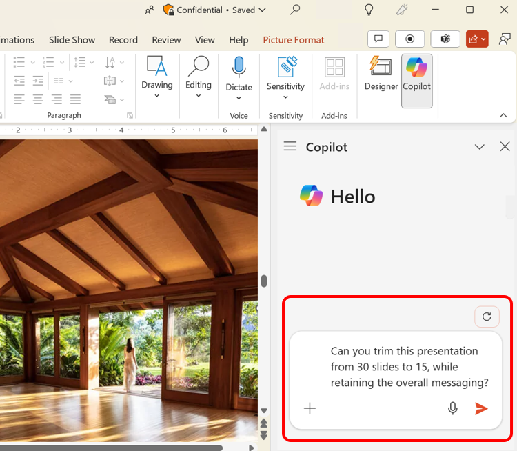 A screen shot of Copilot in PowerPoint, with a query box featuring the words, “Can you trim this presentation from 30 slides to 15, while retaining the overall messaging?”