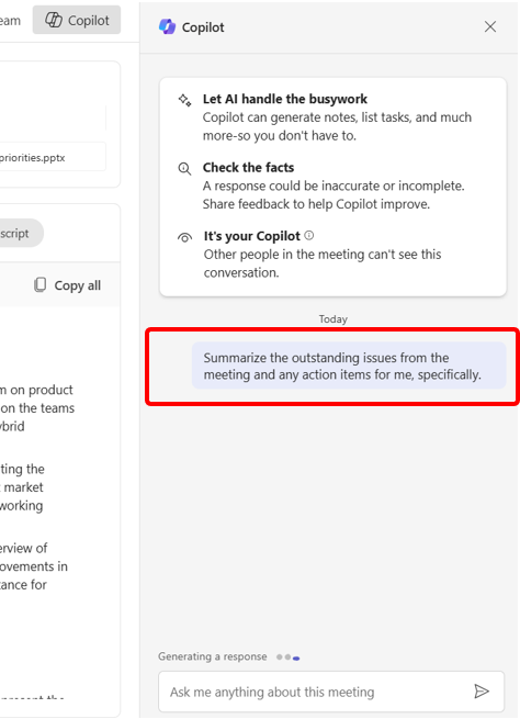 A screen shot of Copilot in Teams, with a meeting recap and a query box featuring the words, “Summarize the outstanding issue from the meeting and any action items for me, specifically.”