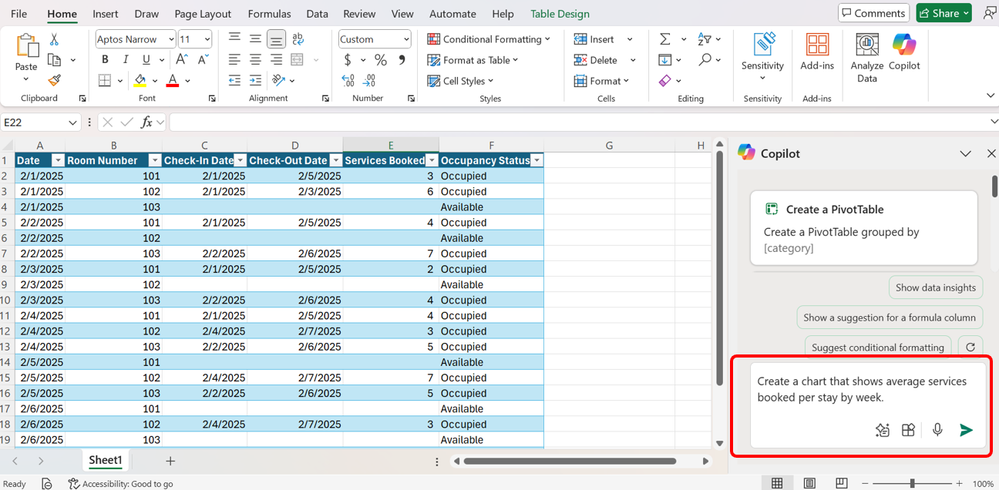 A screen shot of Copilot in Excel, with occupancy data and a query box featuring the words, “Create a chart that shows average resources booked per stay by week.”