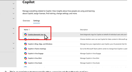 The Copilot diagnostic logs feature in the Microsoft 365 admin center.
