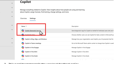 The Copilot diagnostic logs feature in the Microsoft 365 admin center.