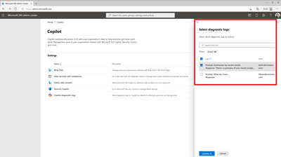 Select diagnostic logs page in the Microsoft 365 admin center.