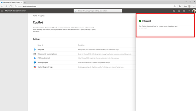 The Files sent page for Copilot diagnostic logs in the Microsoft 365 admin center.