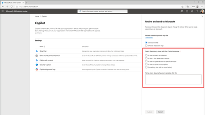 The Review and send page to submit Copilot logs to Microsoft as feedback.