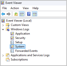 Screenshot of the Event Viewer menu highlighting the System tab under Windows Logs.