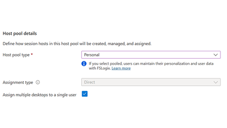 Screenshot of host pool details: Enable multiple personal desktops to be assigned to a single user  in the Microsoft Azure portal when you deploy a personal host pool.