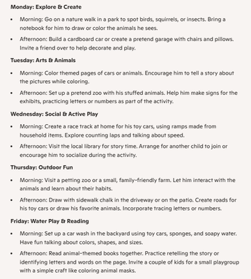 A Copilot response to a weekly schedule for the summer suggesting activities for Monday through Friday.