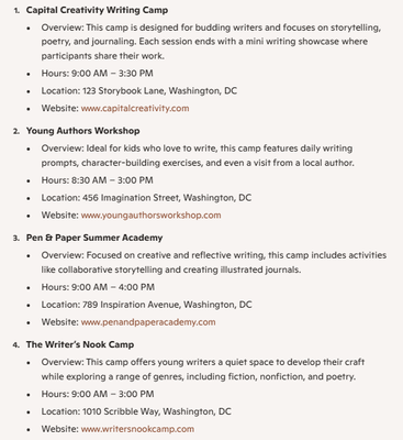 A Copilot response to summer day camps suggesting four fake writing-themed camps in the DC area.