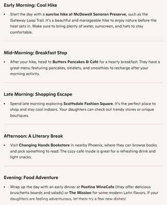 A Copilot response to summer activities in Scottsdale, Arizona, suggesting a hike, book store, and restaurants.