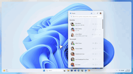 Animated image of the People app screen with the cursor selecting a name, then selecting the org chart to view where the person sits in the organization.