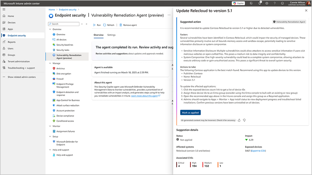 Screenshot:   Impact analysis and recommended actions for a suggestion related to app vulnerabilities.