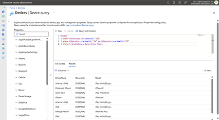 Screenshot of iOS device inventory data query in Intune admin center.