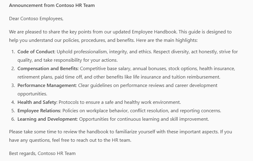 A Copilot response suggesting a SharePoint announcement based on the Contoso Employee Handbook in Microsoft Word.
