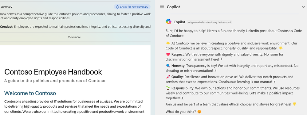 A Copilot response offering a LinkedIn post with emojis about the values in the Contoso Employee Handbook in Microsoft Word.