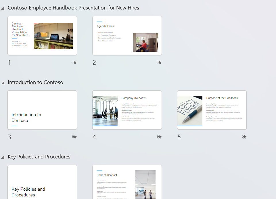 A Copilot-generated PowerPoint presentation about the Contoso Employee Handbook, from Microsoft Word.