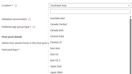 Screenshot showing Southeast Asia listed as a region for metadata storage