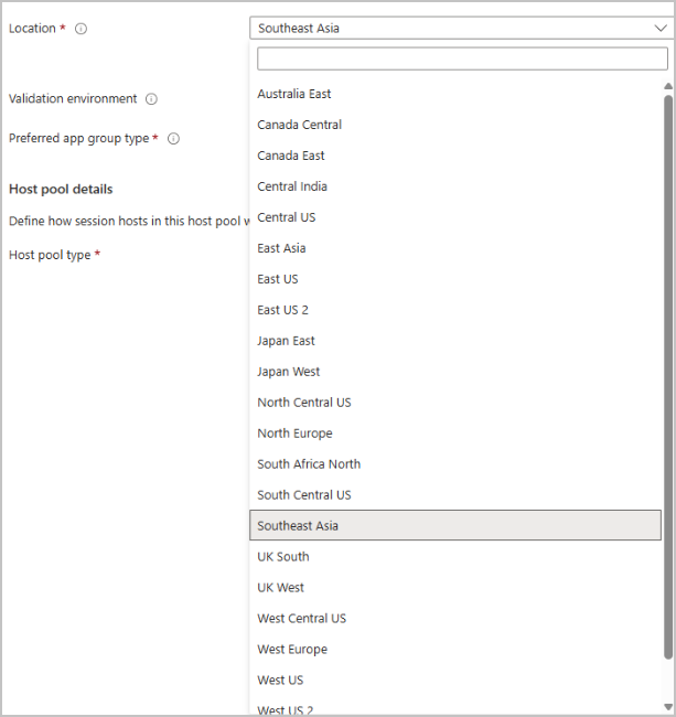 Screenshot showing Southeast Asia listed as a region for metadata storage