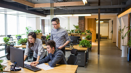 Photograph of three people collaborating at a desk in front of a monitor. They are in a modern office with large windows and industrial ceiling.