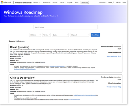 The Windows Roadmap site showing details for two features in preview, Recall and Click to Do. Details include platform, status, version, channels--all of which can also be applied as filters to the roadmap view.