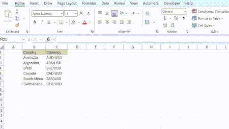 A moving image of someone converting countries and currencies to value tokens in Microsoft Excel.