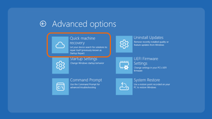 The advanced options settings page for Windows RE shows quick machine recovery as one of the primary options