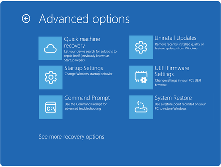 Quick machine recovery is shown in the Advanced options menu for Windows RE