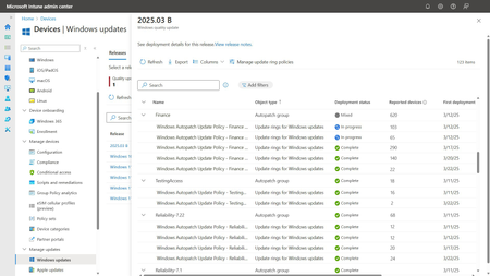 The Windows updates section of the Intune admin center shows Autopatch groups and update rings for the 2025.03 B release, i.e. the March 2025 Windows quality update