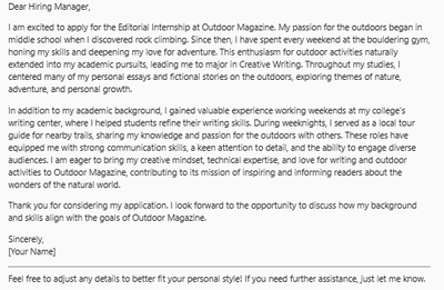 A cover letter by Microsoft Copilot about an editorial internship at Outdoor Magazine.