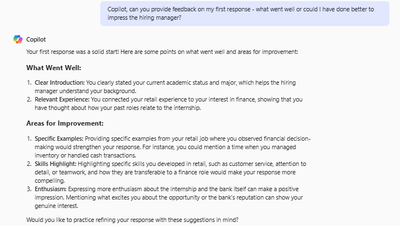 Asking Microsoft Copilot to give feedback on an interview question about yourself.