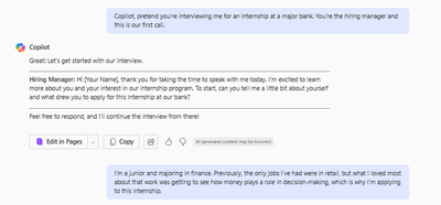 A conversation with Microsoft Copilot pretending to be interviewed by a bank.