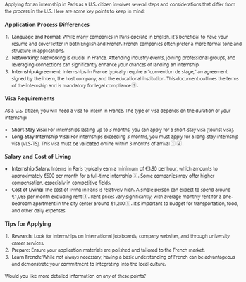 A Microsoft Copilot response answering how to apply to internships in Paris.