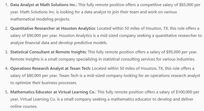 A list created by Microsoft Copilot of five jobs for new graduates with a mathematics degree.