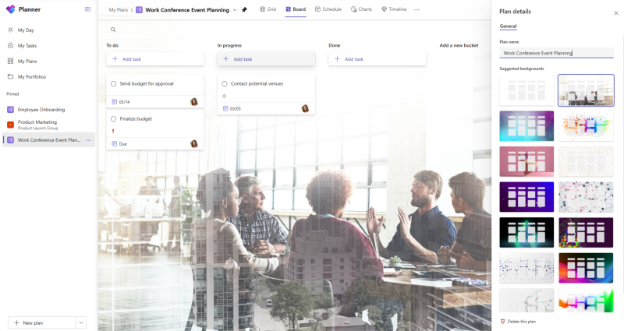 A screenshot of Planner shows the Grid view of a plan. The Plan details pane is open to the right with different background options.