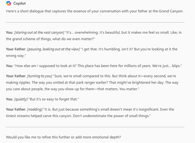 Copilot's response to an essay with a dialogue between a father and a kid at the Grand Canyon.