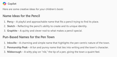 Copilot suggesting characters for a children's book about a pencil living with pens.