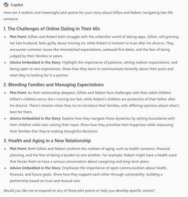 Copilot's suggestions for a book about 60-somethings dating on apps.