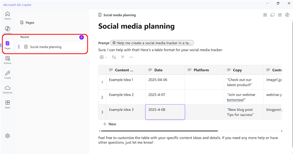 Screen shot of the Copilot Pages, where the social media tracker can be saved, edited, added to, and shared.