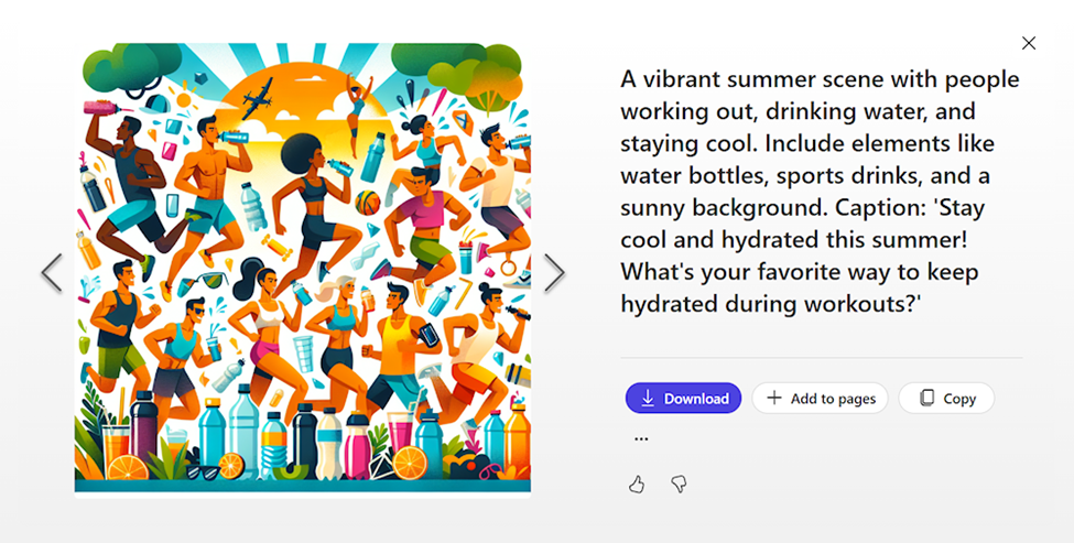 Screen shot of a Designer-created image based on the Visual Creator prompt featuring a colorful illustration with the caption, “A vibrant summer scene with people working out, drinking water, and staying cool. Include elements like water bottles, sports drinks, and a sunny background.”