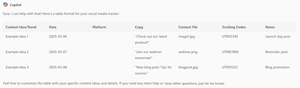 Screen shot of the Copilot response, creating a social media tracker in table format using the column titles in the prompt.