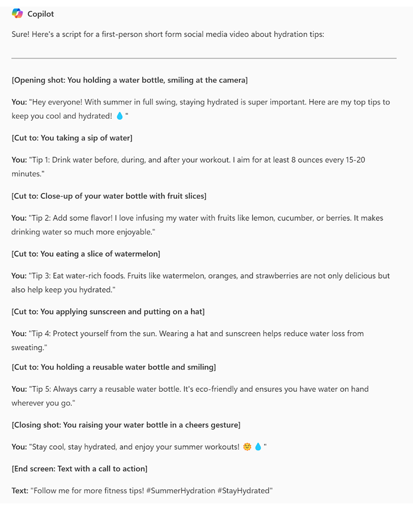 Screen shot of a Copilot response to a prompt asking for help writing a short video script, The script contains copy to be spoken as well as direction on video cuts.