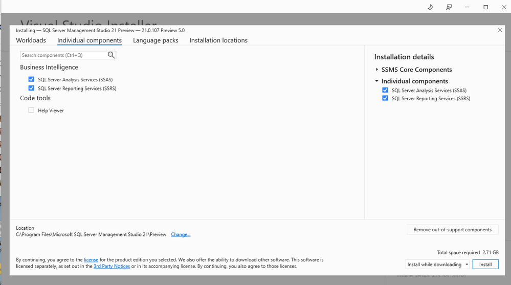 A screenshot of the Visual Studio Installer that has the Individual Components tab open and SQL Server Analysis Services and SQL Server Reporting Services selected for installation.