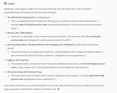 A Copilot response recommending SAT books.